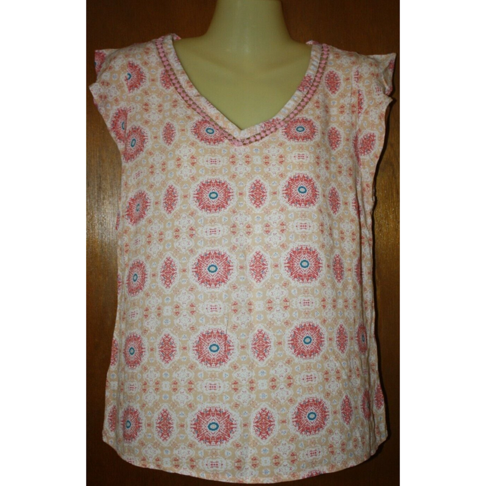 Skies Are Blue Women's Top SS Crochet inset Sz S Orange Yellow Print Summer